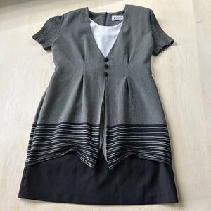 Vintage DBY Ltd. Dress Womens M Gray Striped Short Sleeve Sheath Knee Length